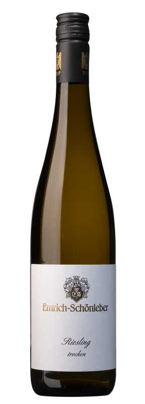 Produktfoto: Weinflasche mit Etikett 'Emrich-Schönleber Riesling trocken'. Schwarzer Schraubverschluss, weißes Etikett mit goldener Schrift.