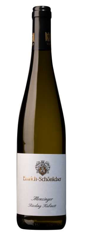 Produktfoto: Weinflasche mit weißem Etikett, “Emrich-Schönleber Monzinger Riesling Kabinett“.