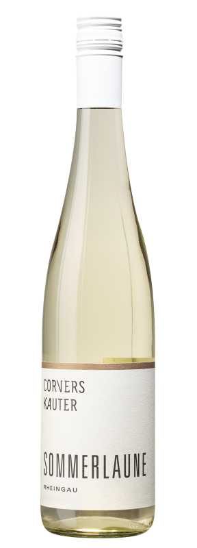 Produktfoto: Eine Schlegelflasche mit weißem Schraubverschluss und Etikett 'Corners Kauter Sommerlaune Rheingau'.
