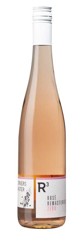 Produktfoto: Hochwertige Schlegelflasche mit weißem Schraubverschluss und Etikett "R³ Rosé Remastered Zero".