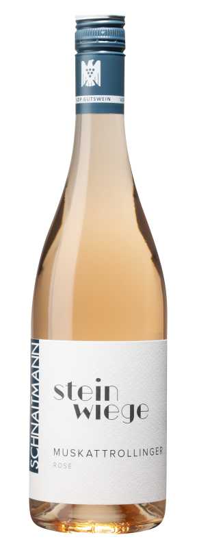 Produktfoto: Roséweinflasche “Steinwiege Muskattrollinger“ von Schnaitmann mit blauem Schraubverschluss und weißem Etikett.