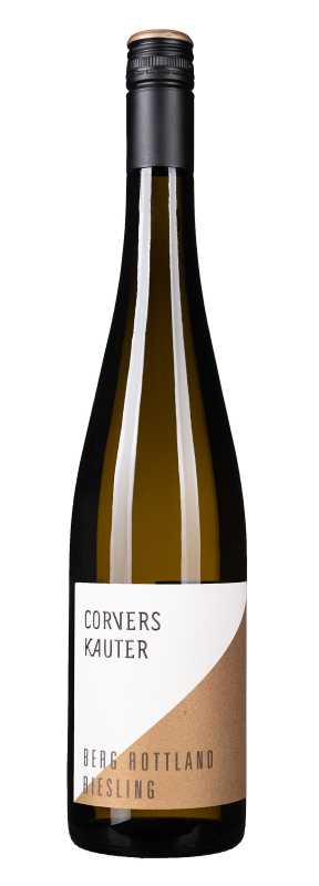 Produktfoto: Weinflasche mit schwarzem Schraubverschluss, Etikett mit Aufschrift “CORNERS KAUTER BERG ROTTLAND RIESLING“.