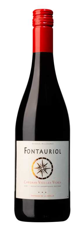 Produktfoto: Hochwertige Weinflasche mit rotem Schraubverschluss und Etikett 'Fontaureol Carignan Vieilles Vignes'.