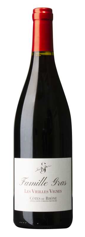 Produktfoto: Eine Burgunderflasche mit rotem Kapselverschluss und einem Etikett mit der Aufschrift “Famille Gras Les Vieilles Vignes Côtes du Rhône“.