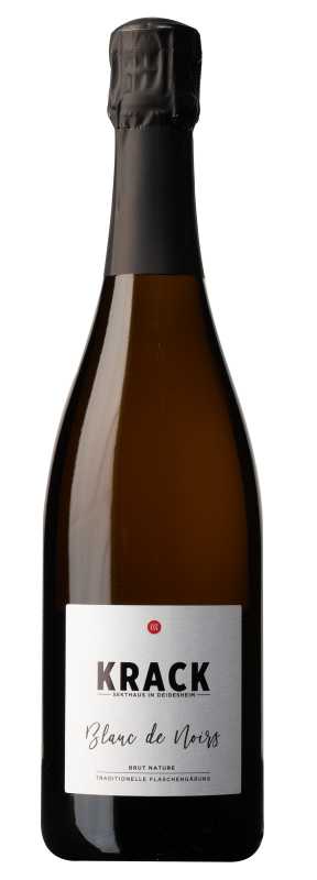 Produktfoto: Weinflasche mit Etikett Krack Blanc de Noirs Brut Nature.