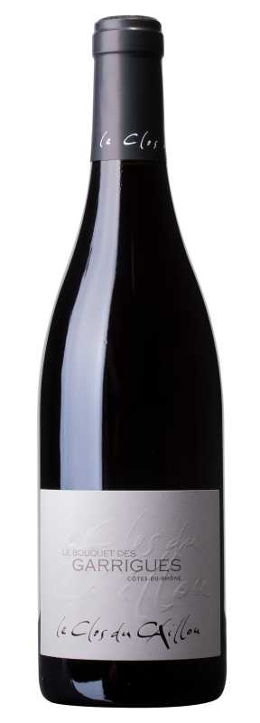 Produktfoto: Eine Weinflasche mit einem Etikett, auf dem 'Le Bouquet des Garrigues', 'Côtes-du-Rhône' und 'le Clos du Caillou' steht.