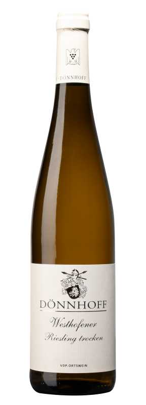 Produktfoto: Eine Flasche Dönnhoff Westhofener Riesling trocken, VDP.Ortswein, mit weißem Etikett und Logo oben.