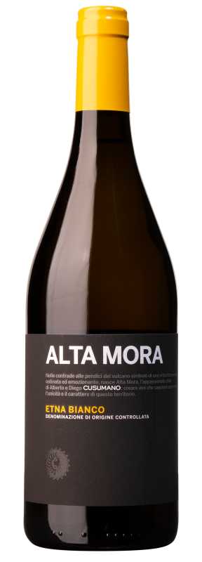 Produktfoto: Eine Weinflasche mit gelbem Verschluss und schwarzem Etikett, auf dem “ALTA MORA ETNA BIANCO“ steht.