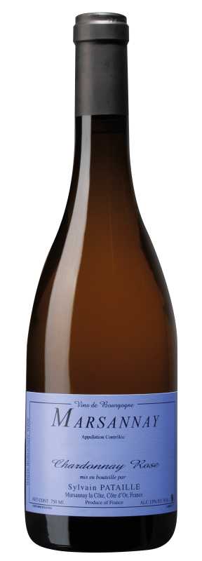 Produktfoto: Eine Weinflasche mit einem blauen Etikett, auf dem 'Marsannay Chardonnay Rosé' steht. Die Flasche hat einen schwarzen Verschluss.