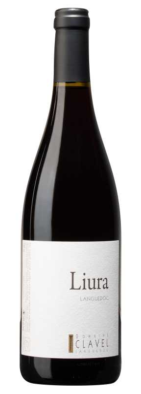 Produktfoto: Eine Weinflasche mit dem Etikett “Liura Languedoc“ und “Domaine Clavel“.