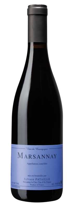 Produktfoto: Weinflasche mit blauem Etikett, “Marsannay“, “Sylvain Pataille“, 750ml, 13% Alkohol.