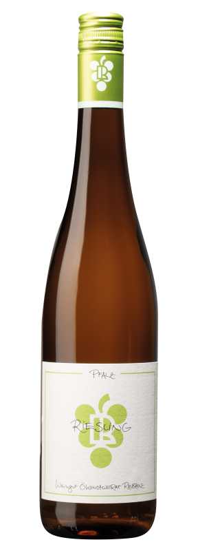 Produktfoto: Eine Weinflasche mit grünem Schraubverschluss und Etikett. Auf dem Etikett steht “Riesling“ und “Weingut Ökonomierat Rebholz“.