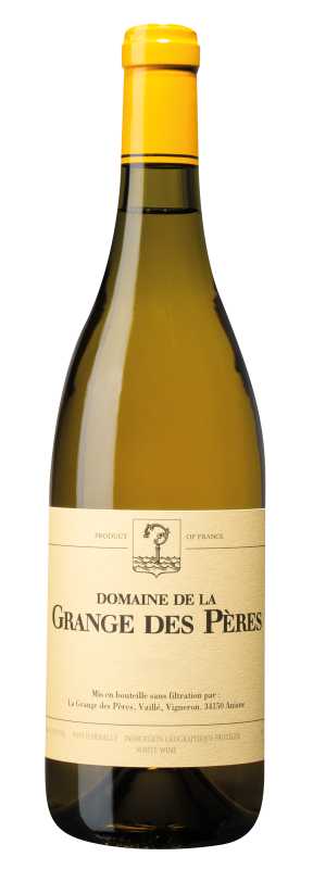 Produktfoto: Weißweinflasche Domaine de la Grange des Pères mit gelbem Etikett und Korken.