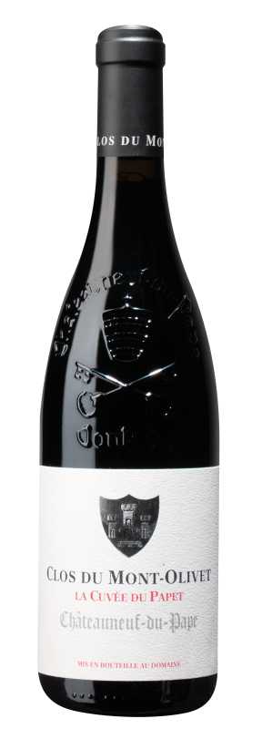 Produktfoto: Eine Weinflasche mit dem Etikett “Clos du Mont-Olivet La Cuvée du Papet Châteauneuf-du-Pape“.