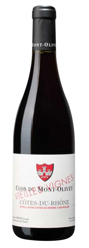 Produktfoto: Eine Weinflasche mit dem Etikett “Clos du Mont-Olivet Vieille Vignes Côtes-du-Rhône“. Das Etikett ist weiß mit rotem und schwarzem Text.