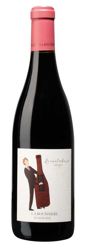 Produktfoto: Eine Weinflasche mit rotem Verschluss und einem Etikett, das einen Mann mit Kontrabass darstellt. Aufschrift: 'La Bouïssiere, Vin de France'.