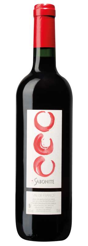 Produktfoto: Eine Weinflasche mit rotem Verschluss und Etikett mit roten Kreisen. Aufschrift: “SABONITE, VIN DE FRANCE“.