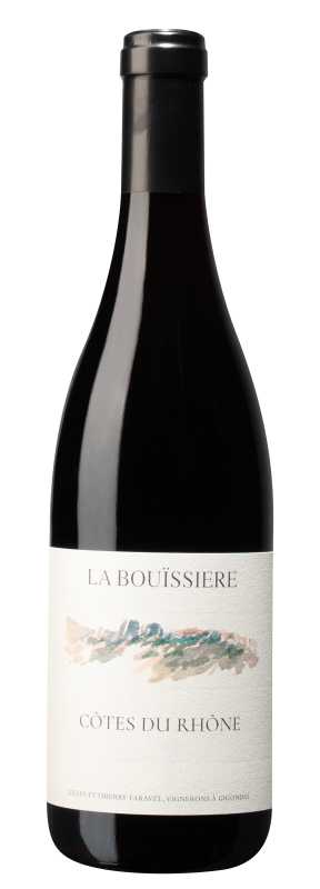 Produktfoto: Weinflasche mit Etikett 'La Bouïssiere Côtes du Rhône'. Schwarzer Verschluss, weißes Etikett mit Landschaftsbild.