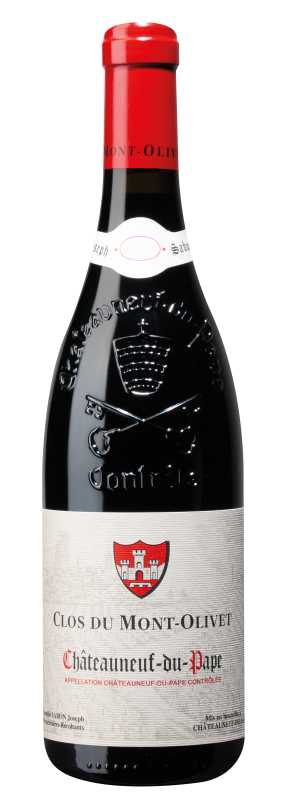 Produktfoto: Eine Flasche Rotwein mit rotem Verschluss und Etikett 'Clos du Mont-Olivet, Châteauneuf-du-Pape'.