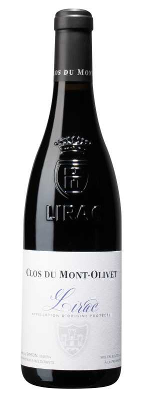 Produktfoto: Weinflasche mit schwarzem Etikett 'Clos du Mont-Olivet Lirac'.