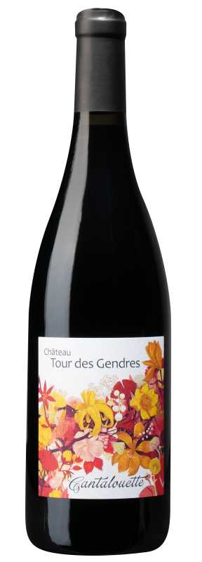 Produktfoto: Eine Weinflasche mit einem Etikett “Château Tour des Gendres Cantalouette“ und bunten Blumenmotiven.