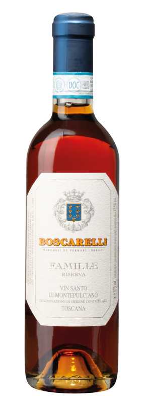 Produktfoto: Eine Weinflasche mit dem Etikett “Boscarelli Familiæ Riserva Vin Santo di Montepulciano Toscana“.