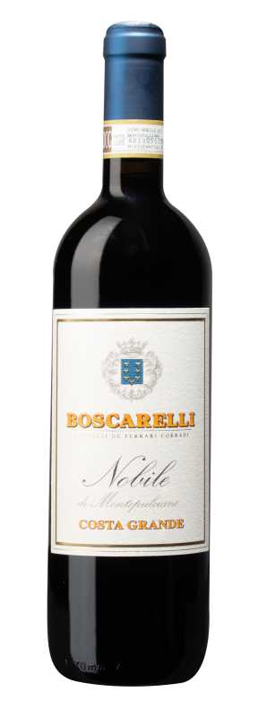 Produktfoto: Eine Flasche Rotwein mit dem Etikett “Boscarelli Nobile di Montepulciano Costa Grande“.