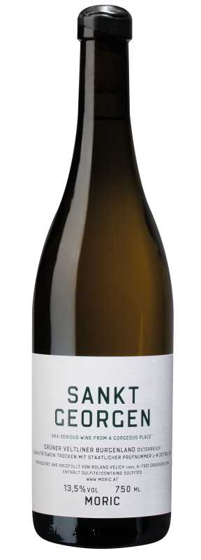 Produktfoto: Weinflasche mit Etikett “Sankt Georgen“. Grüner Veltliner aus Burgenland, Österreich. 13,5% Alkohol, 750 ml. Produziert von Moric.