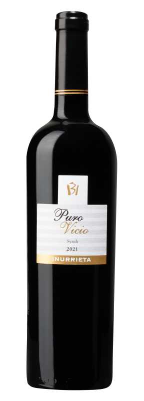 Produktfoto: Eine Weinflasche mit dem Etikett 'Puro Vicio Syrah 2021 Inurrieta'.
