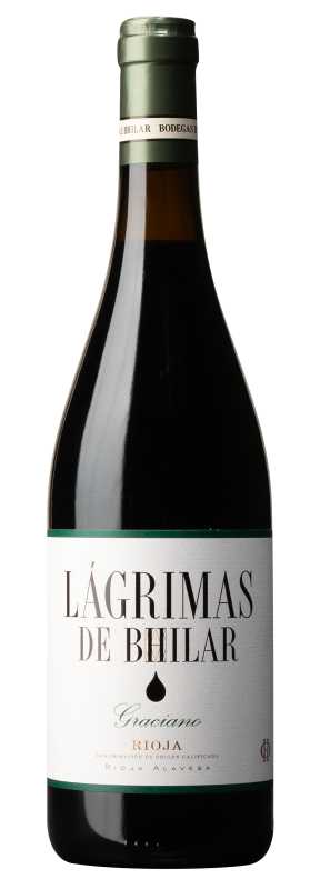 Produktfoto: Eine Weinflasche mit dem Etikett 'Lágrimas de Bhilar Graciano Rioja'.