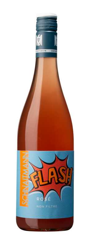 Produktfoto: Roséweinflasche mit blauem Etikett und Comic-Schriftzug.