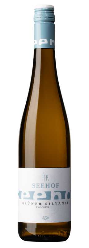 Produktfoto: Hochwertige Schlegelflasche mit blauem Schraubverschluss und Etikett für Grüner Silvaner.