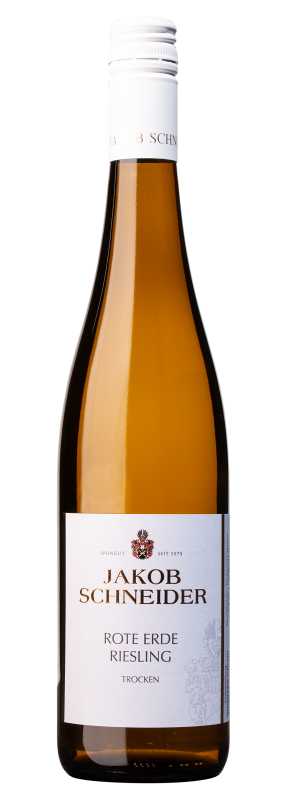 Produktfoto: Eine Weinflasche mit einem Etikett “Jakob Schneider Rote Erde Riesling Trocken“.
