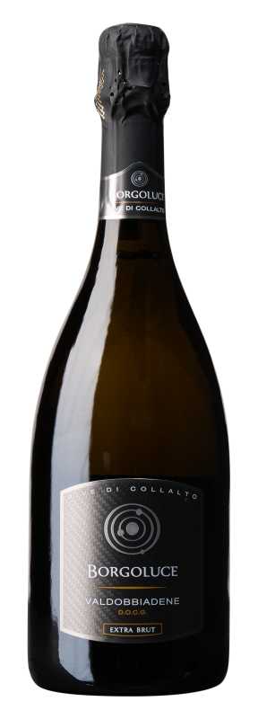 Produktfoto: Eine Flasche Borgoluce Valdobbiadene Prosecco, Etikett mit 'Extra Brut' und 'D.O.C.G.'