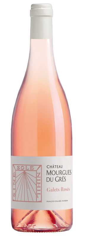 Produktfoto: Roséweinflasche mit Etikett 'Château Mourgues du Grès Galets Rosés', silberner Verschluss, klare Flüssigkeit sichtbar.