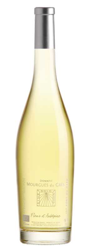 Produktfoto: Hochwertige Weinflasche mit Etikett “Domaine Mourgues du Grès“ und Jahrgang 2023. Klare Flüssigkeit sichtbar.