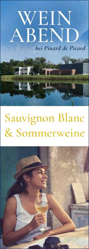 Produktfoto: Collage aus Weinflaschen, Gläsern und einer lächelnden Frau, die ein Glas Weißwein hält. Text: “Weinabend“, “Sauvignon Blanc“.
