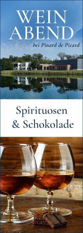 Produktfoto: Das Bild zeigt eine Weinveranstaltung mit dem Titel 'Weinabend', präsentiert von Pinard de Picard. Verschiedene Weingläser und Flaschen sind illustriert. Unten hält jemand ein Glas mit Grappa oder Weinbrand.