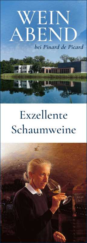Produktfoto: Ein Poster mit Weinflaschen und Gläsern, eine Frau riecht an einem Weinglas. Text: 'Weinabend', 'Exzellente Schaumweine'.