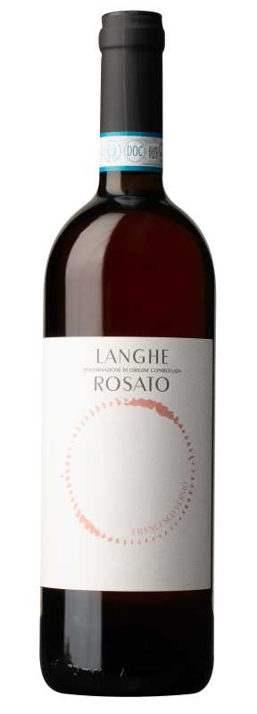 Produktfoto: Eine Weinflasche mit einem Etikett 'Langhe Rosato' und DOC-Zertifizierung. Das Etikett ist schlicht gestaltet.
