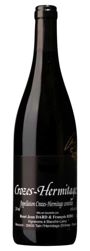 Produktfoto: Hochwertige Burgunderflasche mit Etikett Crozes-Hermitage, 750 ml, 14% Alkohol, abgefüllt von René-Jean Dard & François Ribo.