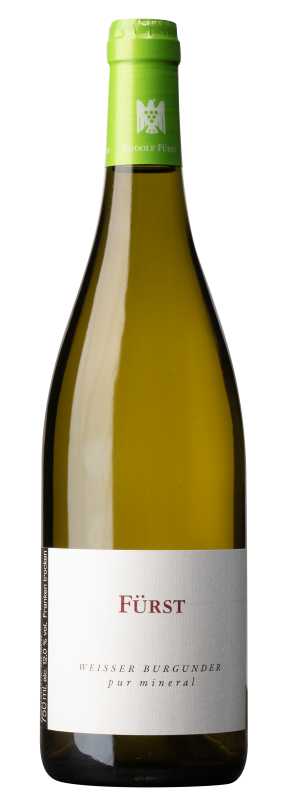 Produktfoto: Weinflasche mit grünem Verschluss und Etikett 'Fürst, WEISSER BURGUNDER, pur mineral'.