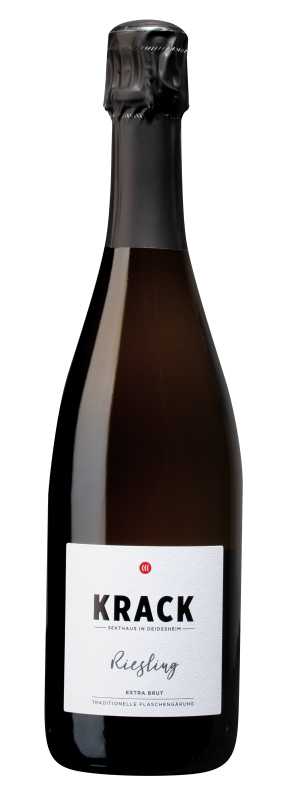 Produktfoto: Flasche Sekt Krack Riesling Extra Brut mit Etikett.