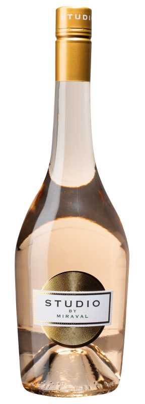 Produktfoto: Eine Flasche Roséwein mit goldenem Verschluss und Etikett 'STUDIO by Miraval'.