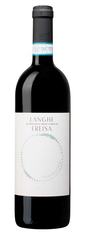 Produktfoto: Eine Weinflasche mit der Aufschrift “Langhe Freisa“ und einem DOC-Siegel.