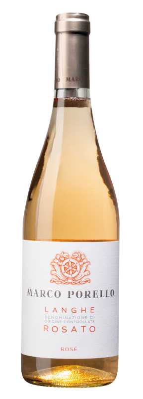 Produktfoto: Roséweinflasche mit Etikett “Marco Porello Langhe Rosato“.