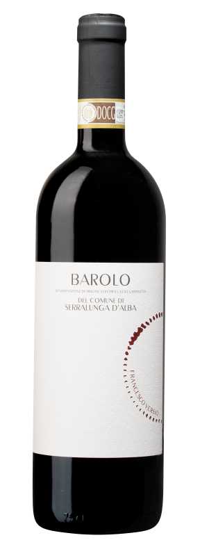Produktfoto: Flasche Barolo-Wein mit DOCG-Label und weißem Etikett.