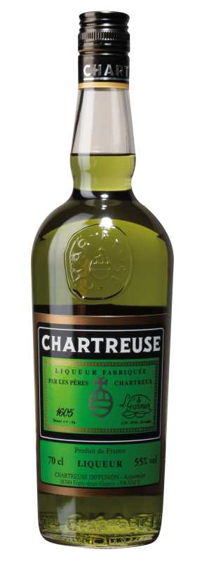 Produktfoto: Grüne Chartreuse-Likörflasche, 70 cl, 55% vol, schwarzer Schraubverschluss.