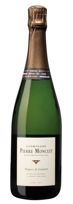 Produktfoto: Champagnerflasche Pierre Moncuit Hugues de Coulmet Blanc de Blancs Demi-Sec mit Etikett.