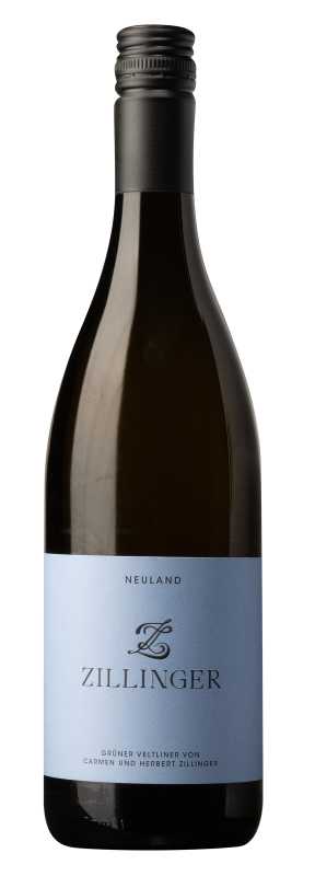 Produktfoto: Weinflasche mit blauem Etikett, Aufschrift Neuland Zillinger, Grüner Veltliner.